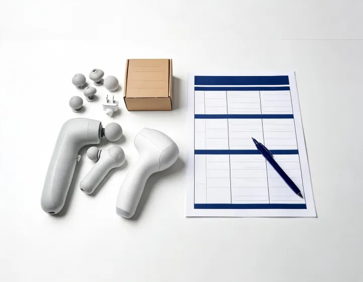 Handheld massager configurations beside a procurement comparison sheet